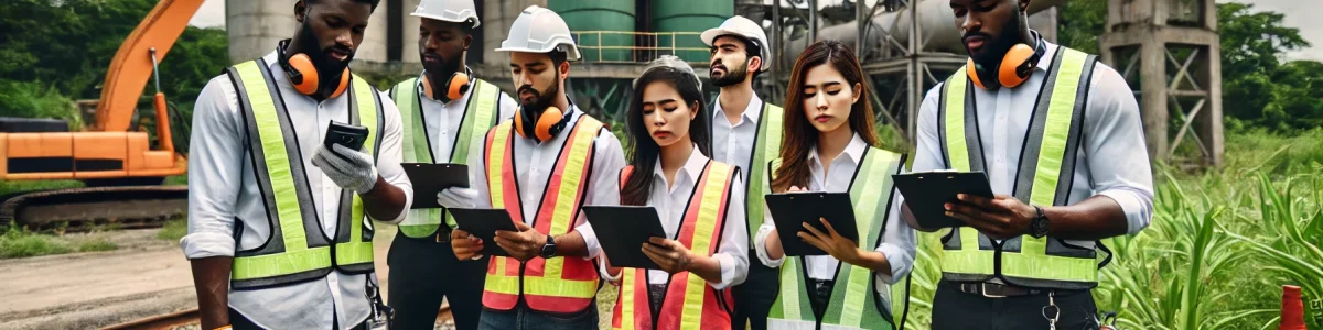 DALL·E 2024-11-01 14.20.09 - A team of Black environmental consultants conducting an outdoor site inspection. The team includes men and women wearing safety vests, helmets, and us
